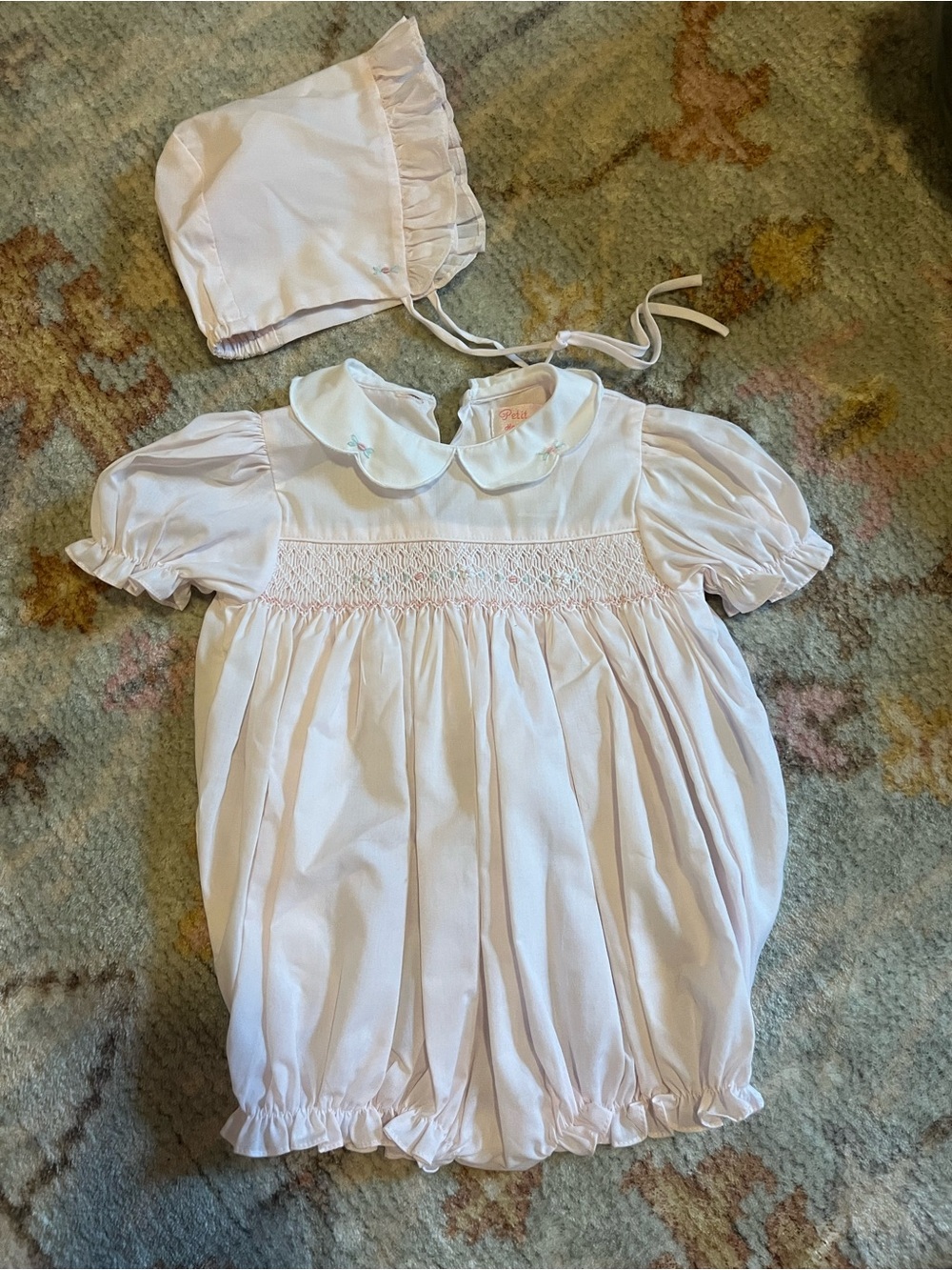 Petit Ami Baby Pink Smocked Bubble Romper with Bonnet